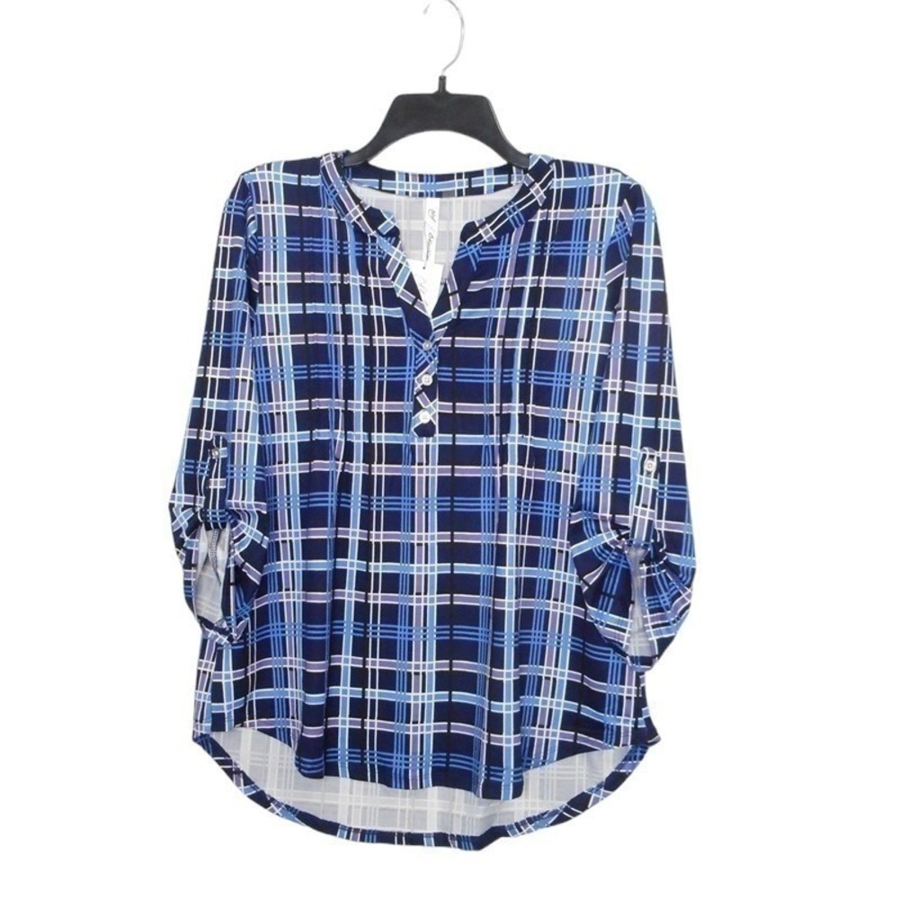 NY Collection Top S Blue Plaid 3/4 Roll Tab Sleeve V-neck Pleated Casual Office